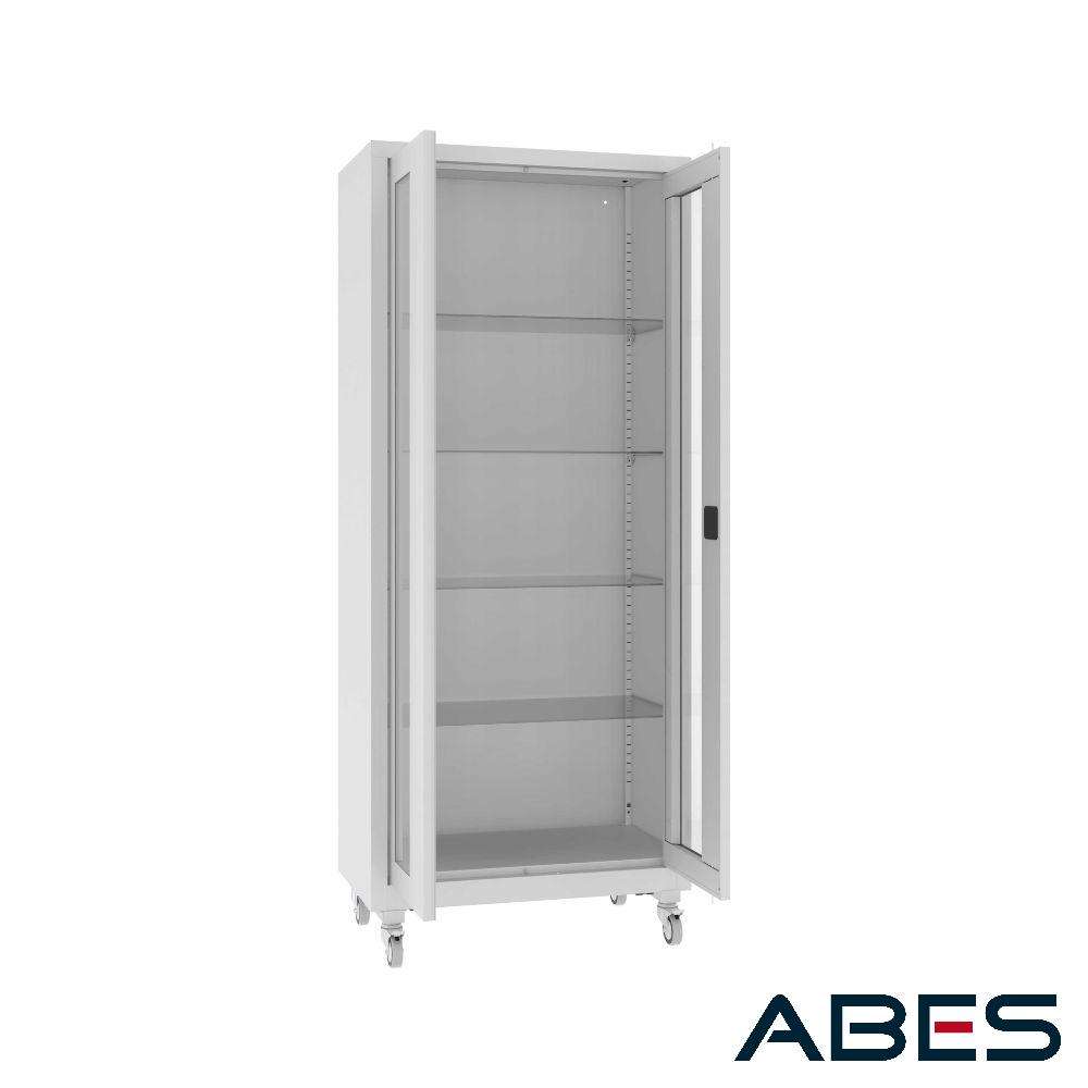 SZAFA MEDYCZNA NSML 112 Z PÓŁKAMI SZKLANYMI, NA KÓŁKACH OTWARTA