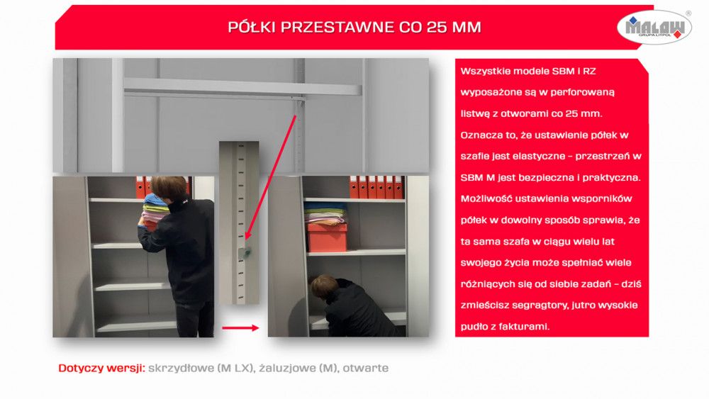 półki przestawne co 25 mm malow