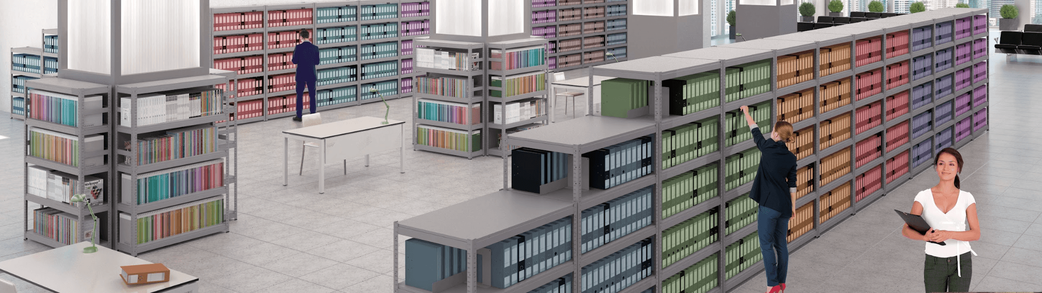 Regały RMM w bibliotece, połączone plecami, udźwig 200 kg na półkę