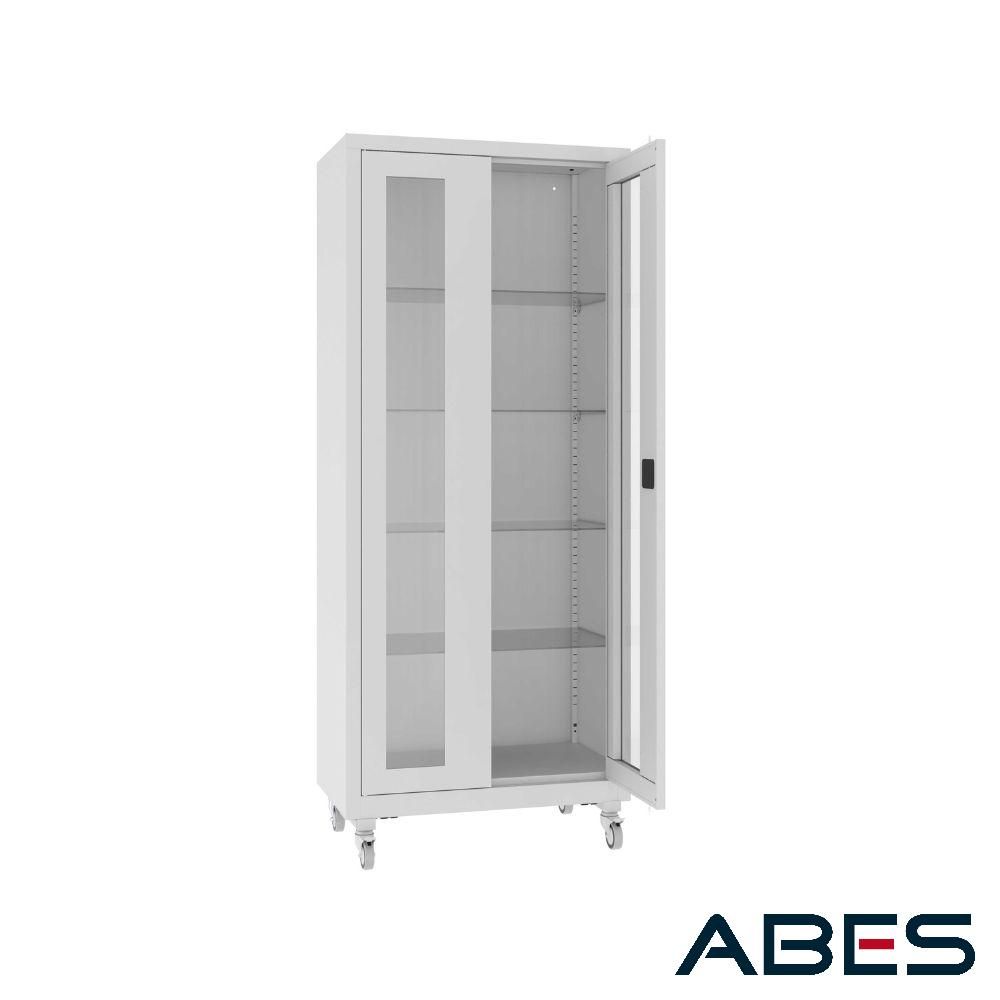 SZAFA MEDYCZNA NSML 112 Z PÓŁKAMI SZKLANYMI, NA KÓŁKACH OTWARTA