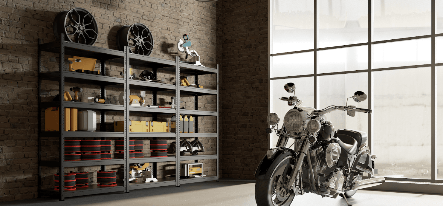 Regały RMM w garażu z motocyklem - RMM MALOW | ABES