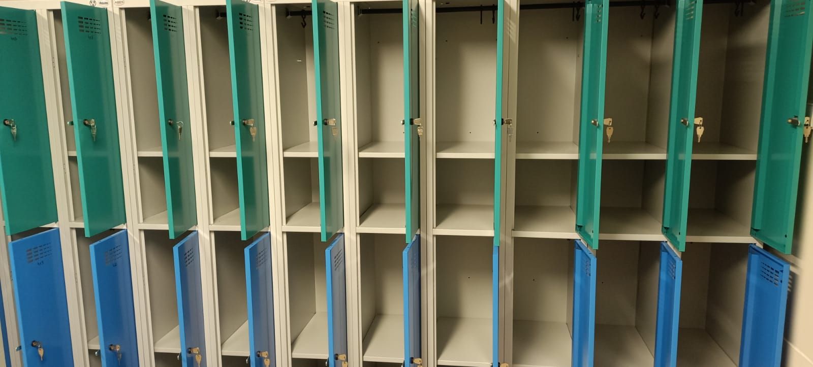Kolorowe meble do szatni szkolnej ustawione w jednej linii – solidna produkcja szafek metalowych.