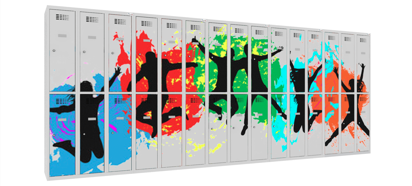 Personalizowane szafki na siłownię Malow z kolorowym nadrukiem graficznym na drzwiach