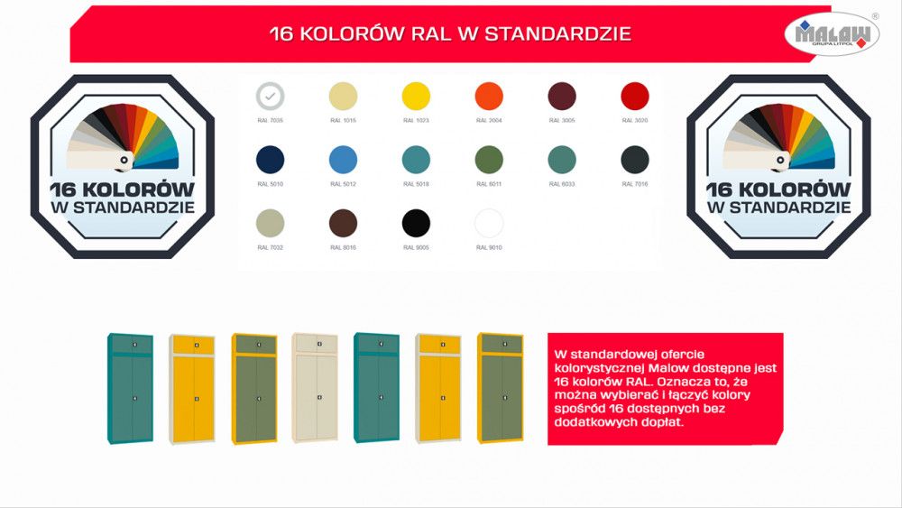 szafy biurowe kolory, 16 kolorów RAL w standardzie